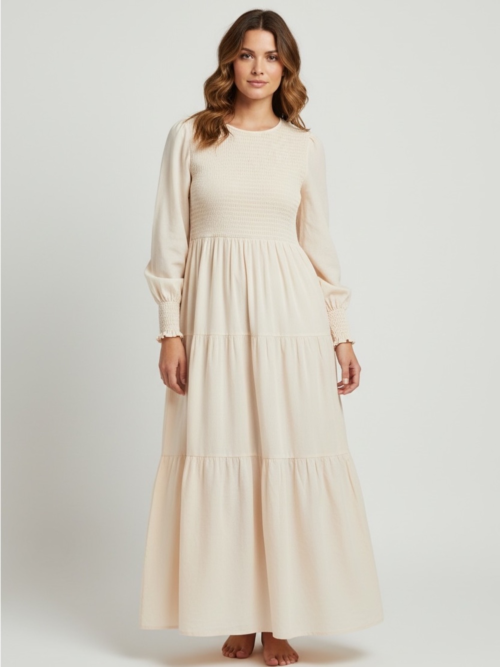 114 Long Sleeve Cream Tiered Maxi Dress with Smocked Bodice
